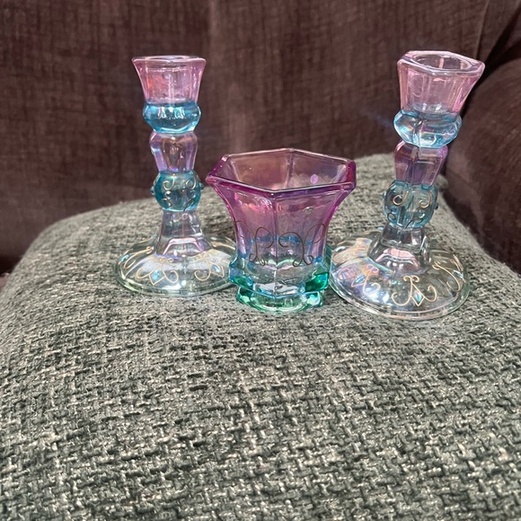 PartyLite Iridescent Purple and Teal Candle Holder Set and votive holder. - Picture 1 of 7